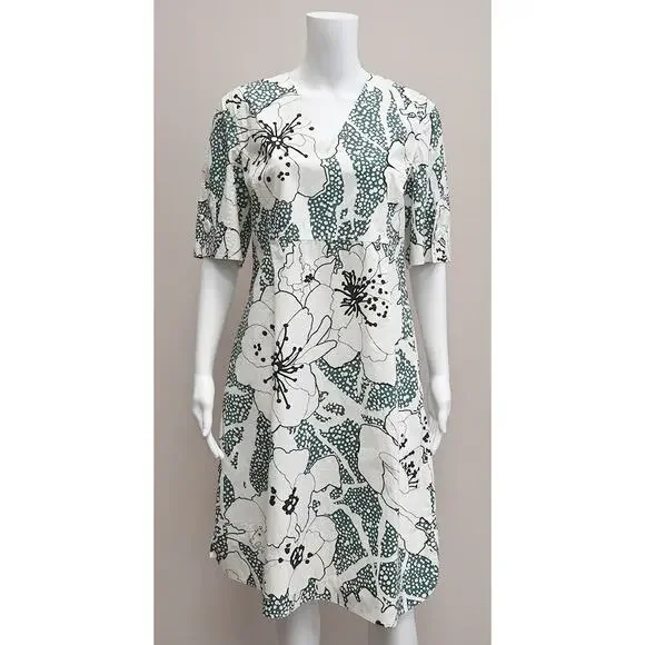 Marni Dresses Marni White Green Floral Print Midi Dress Size